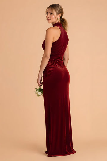Burgundy Halter Sheath Velvet Bridesmaid Dress With Slit